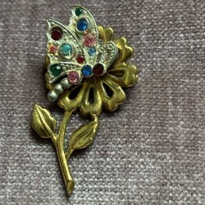 Gold Flower Brooch with Colorful Gems